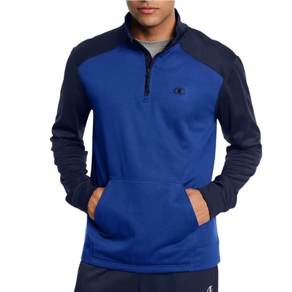 Men’s Champion Tech Fleece 1/4 Zip Top Jacket Black and Blue Size Large